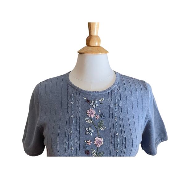 Alfred Dunner Periwinkle Blue Short Sleeve Ribbed Sweater Embroidered Beaded MP - Picture 2 of 13